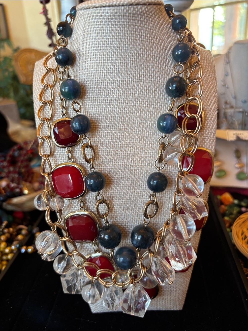 Multi-Strand Red, Blue & Clear Statement Necklace -